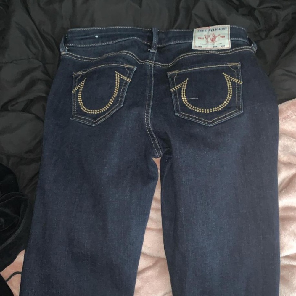 Dark wash low rise flared women’s true religion jeans